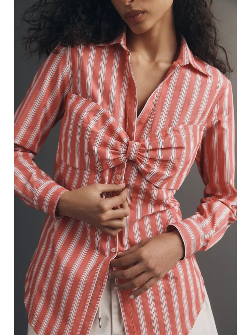 Maeve Bow Long-Sleeve Button down Top Pink Stripe M Petite